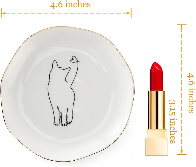 HOME SMILE Long Tail Cat Ring Dish Jewelry Tray for Women,Chritsmas Valentine's Gifts for Cat Lovers,Ceramic White,4"