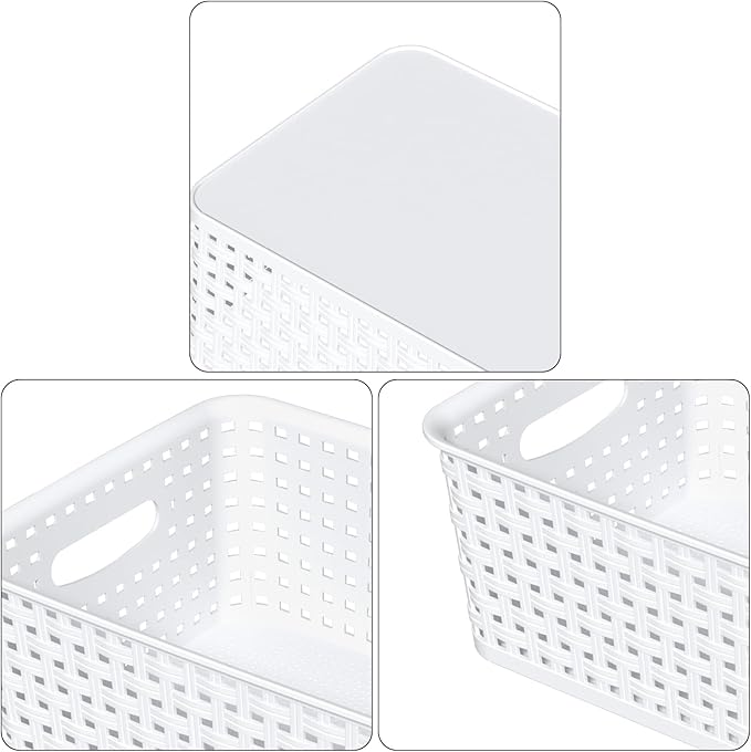 6-Pack Woven Plastic Storage Baskets, White Pantry Plastic Baskets