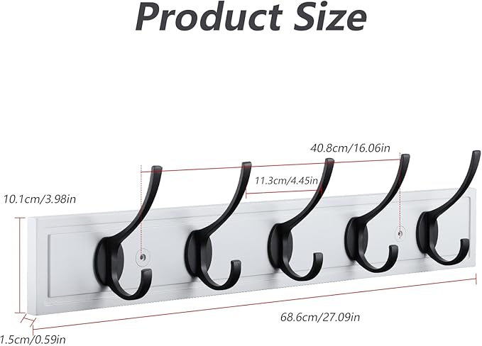 HOME MASTER HARDWARE Coat Rack Wall Mount White,MDF Wall Mounted Coat Hooks for Hanging Coats, 27" Hat Rack for Wall with 5 Black Hooks