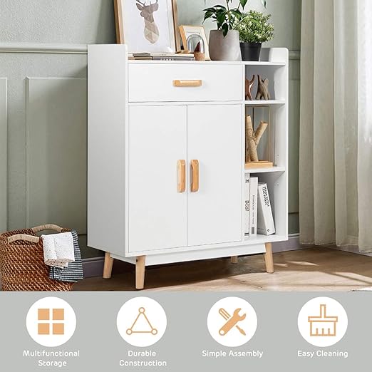 Giantex Floor Storage Cabinet, Freestanding Cupboard with 1 Drawer, 2 Doors, 3 Shelves, 4 Rubber Wood Legs, Sideboard, Entryway Unit for Home Office, Living Room, Storage Organizer (White)