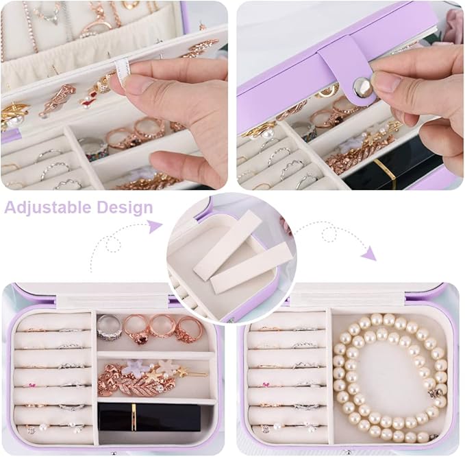 jiemei Jewelry Box, Travel Jewelry Organizer Cases with Doubel Layer for Women’s Necklace Earrings Rings and Travel Accessories (Purple)