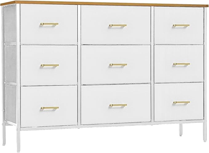 Wide TV Stand Modern TV Console, 9 Drawers Dresser for Bedroom, Fabric Storage Cabinet, Chest of Drawers for Closet, Nursery, Living Room（Classic White）