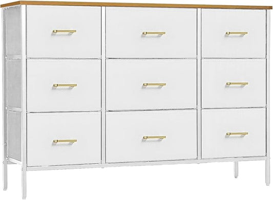 Wide TV Stand Modern TV Console, 9 Drawers Dresser for Bedroom, Fabric Storage Cabinet, Chest of Drawers for Closet, Nursery, Living Room（Classic White）