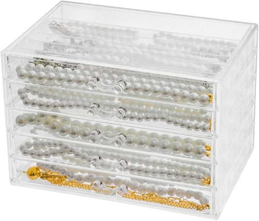 Necklace Box Necklace Holder Organizer, Acrylic Necklace Organizer Box Clear Necklace Display Jewelry Tray with Transparent Lid Jewelry Display Box for Necklace (Clear White, 5 Drawer 30 Girds)