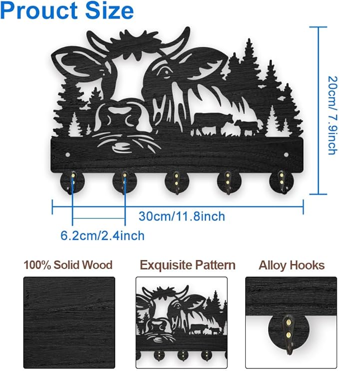 MAYJOYDIY Wood Cow Forest Coat Hooks Farm Animal Calf Tree Key Holder for Wall 11.8×7.9inch Decorative Cow Family Key Wall Hooks for Hanging 5 Alloy Hooks for Farmhouse Entryway Office Gift