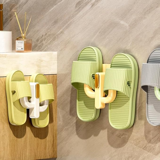 4 Pack Wall Mounted Shoe Rack - Premium Hanging Shoe Organizer Shelf with Sticky Hanging Mounts, Door Hooks for Slippers Keys Bags Storage - White & Yellow