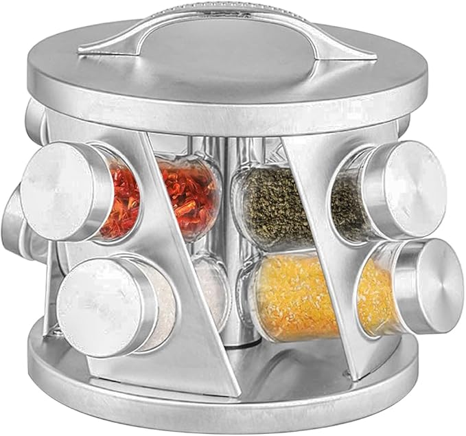 TINMIX Portable Stainless Steel Spice Rack with 8 Spice Jars Included Revolving Spice Organizer for Kitchen Tower Storage Rack for Spices and Seasoning Silver