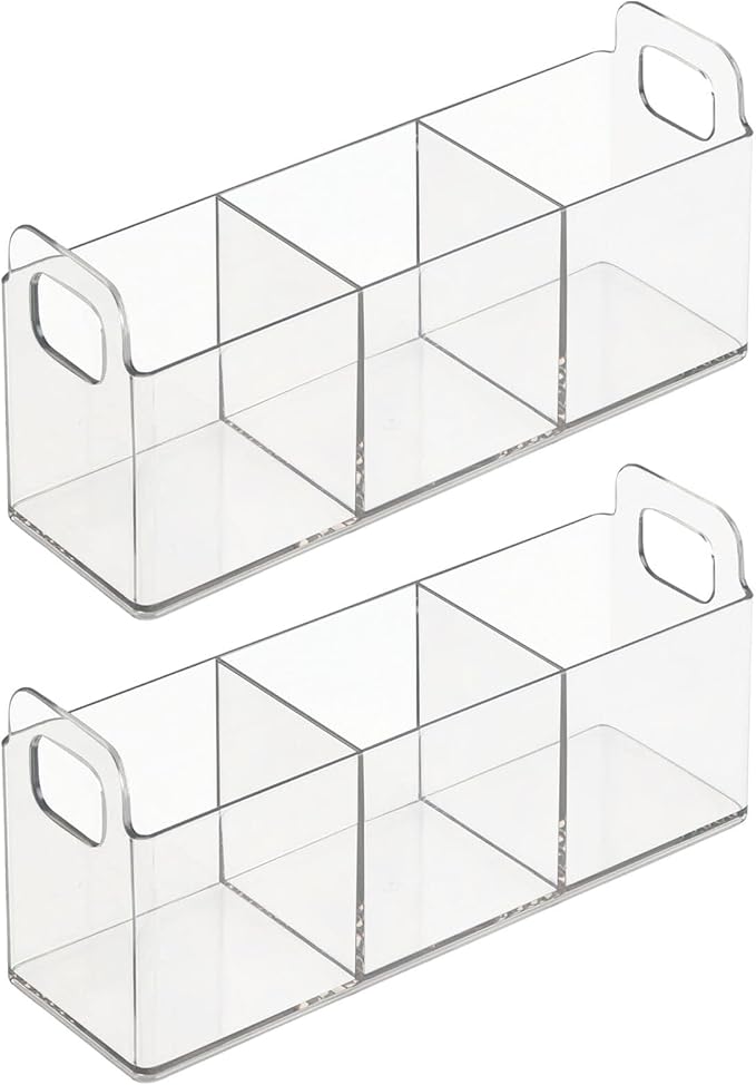 mDesign Plastic Condiment Organizer and Tea Bag Holder - 3-Compartment Kitchen Pantry/Countertop Storage Caddy - Divided Chip, Snack, Oatmeal Packet Holder - Lumiere Collection - 2 Pack, Clear