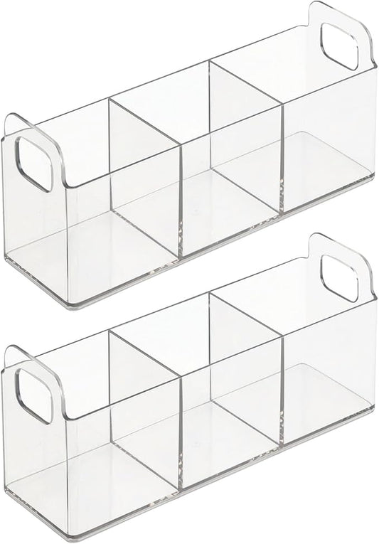 mDesign Plastic Condiment Organizer and Tea Bag Holder - 3-Compartment Kitchen Pantry/Countertop Storage Caddy - Divided Chip, Snack, Oatmeal Packet Holder - Lumiere Collection - 2 Pack, Clear