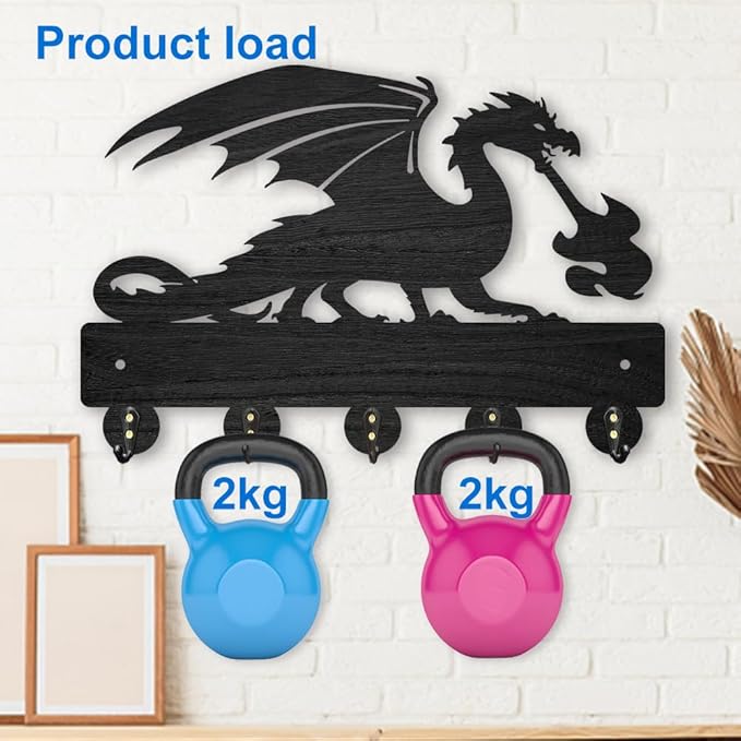 MAYJOYDIY Dragon Coat Rack Wall Mount Wood Fire Dragon Key Holder for Wall 11.8×7.9inch Dragon Spitting Fire Key Rack 5 Alloy Hooks Decorative Key Hanger for Entryway Room Front Door Gift