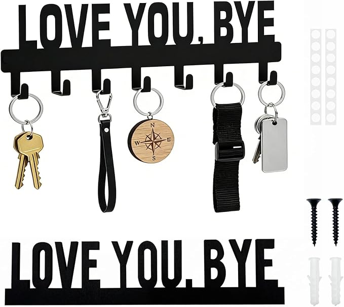 2 Piece Key Holder Wall Mount, Love You Bye Key Holder for Wall, Key Holder Hook Rack Organizer Hanger with 6 Hooks for Entryway, Front Door, Hallway, Living Room