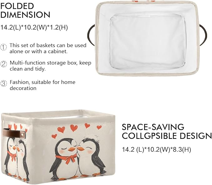 Penguin Heart Storage Basket,Large Storage Bin Fabric Collapsible Organizer Bag with Handles 15x11x9.5 inch