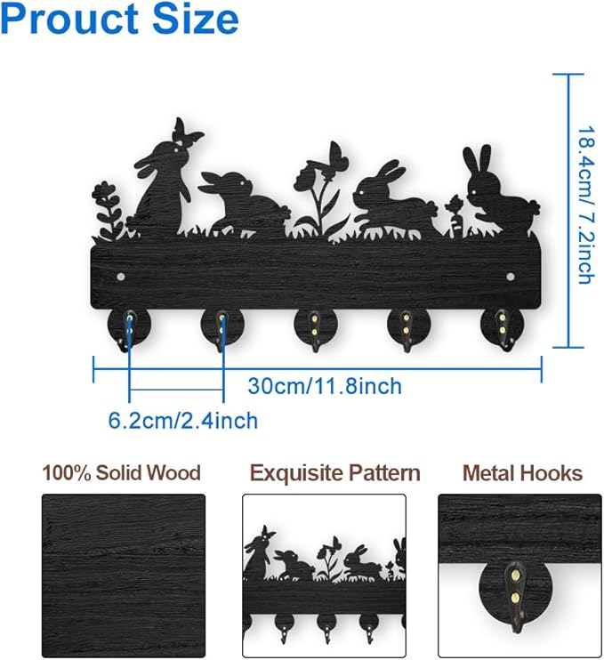 MAYJOYDIY Bunny Meadow Flower Coat Rack 11.8×7.2inch Wood 4 Rabbits Key Holder for Wall Rabbits Butterfly Wildflower Carrot Key Hanger 5 Alloy Hooks Key Rack for Farmhouse Gift Entryway Art Decor