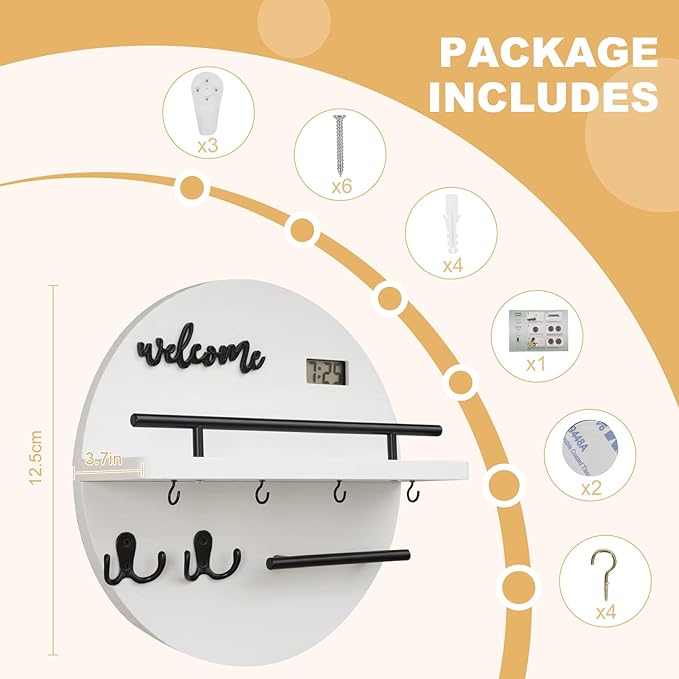 Key Holder for Wall, Key and Mail Holder Organizer with - Key Holder Wall Mount - Round Wooden Rustic Home Decor for Entryway, Mudroom, Hallway, Kitchen Office (White&Black)