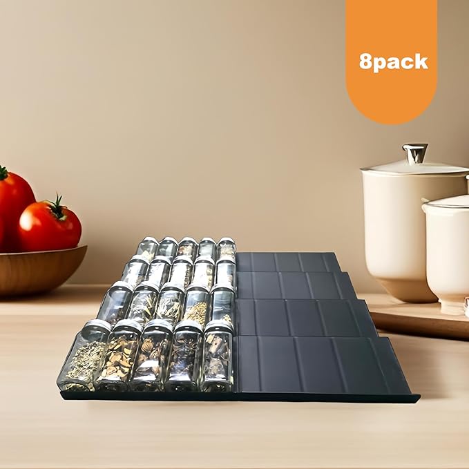 Spice Drawer Organizer, 8 Pack Drawer Seasoning Organizer, Expandable From 9'' to 18'' Kitchen Spice Rack Organizers and Storage for Drawer (Jars not included),Black
