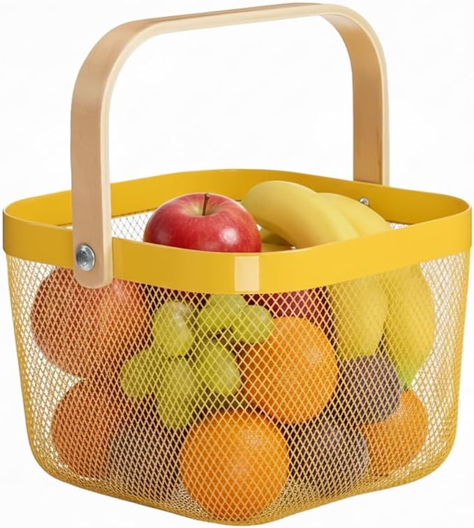 Mesh Steel Storage Organizer Basket Fruit Basket Bin with Wood Handle Ideal for Kitchen Bathroom Picnic Baskets Pantry Cabinets Storage Home Decor (Lemon Yellow)