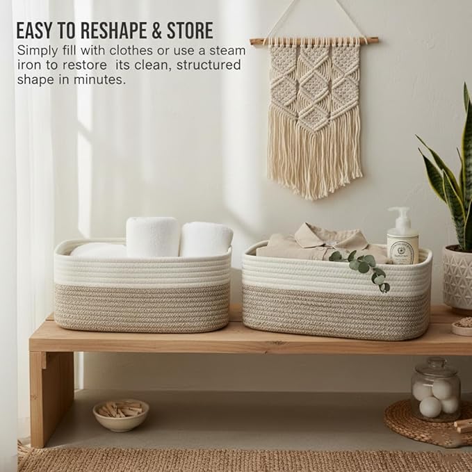 Large Shallow Basket, Storage Baskets for Organizing 2 Pack, 15"x11"x5.1", Rope Basket for Shelves, Living Room, Nursery, Bedroom, Gift Basket, White & Mixed Brown