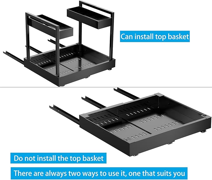 NEWMATIC Adjustable Under Sink Organizer Pull Out Drawers, 2-Tier Slide Out Cabinet Storage Shelf for Kitchen Sink, Height & Width Extendable Black, 15''D x 13''-20.5''W x 15''H(1Pack)