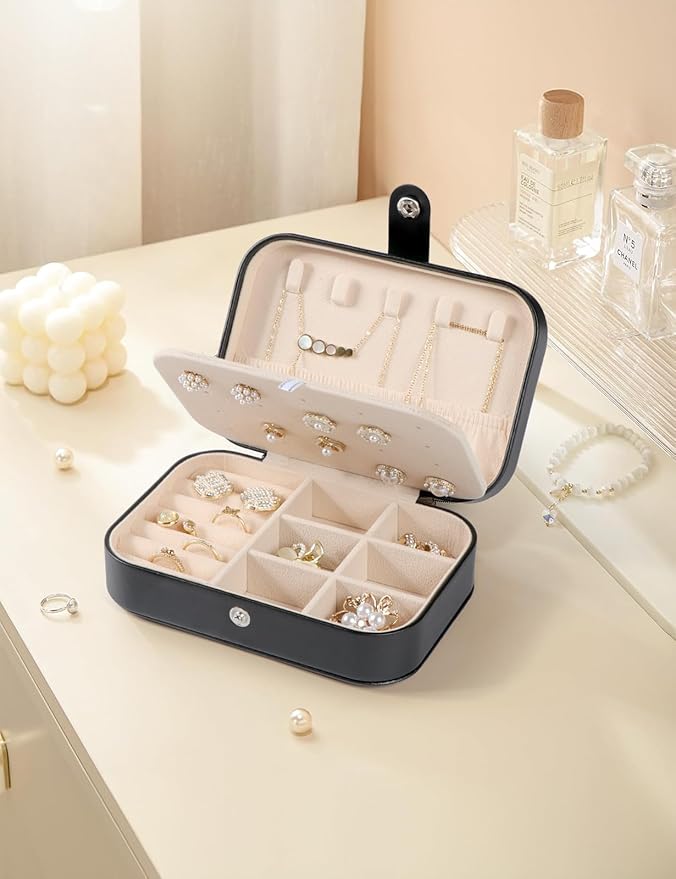 Travel Jewelry Box,Upgraded Travel Jewelry Case,Portable Jewelry Boxes for Women,PU Leather Jewelry Box,Travel Jewelry Organizer for Necklaces,Rings,Earrings,Bracelets,Black