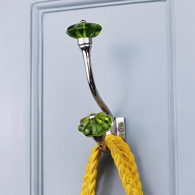 Indian Shelf Pack of 12 Heavy Duty Colorful Crystal Double Prong Glass Decorative Wall Hooks Unique Coat Rack Wall Mount Double Hooks for Hanging Towel Hooks for Bathrooms Backpack Purse Hanger