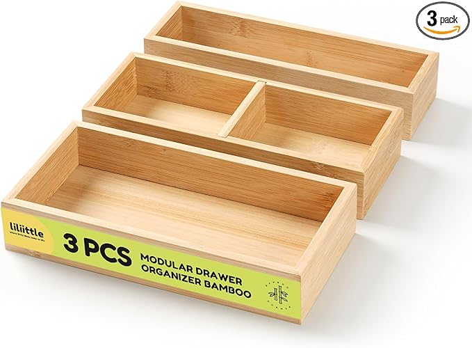 lilLittle Bamboo Drawer Organizer, 3 Pcs Kitchen Drawer Organizer Set, Multi Purpose Utensil Drawer Organizer, Silverware Organizer for Kitchen, Bathroom, Office, Junk Drawers