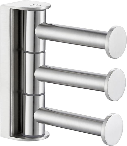 APLusee Brushed Nickel Swivel Coat Hook, 304 Stainless Steel Swivel Towel Hook for Bathroom with Multi 3 Rotating Arms, Wall Mounted