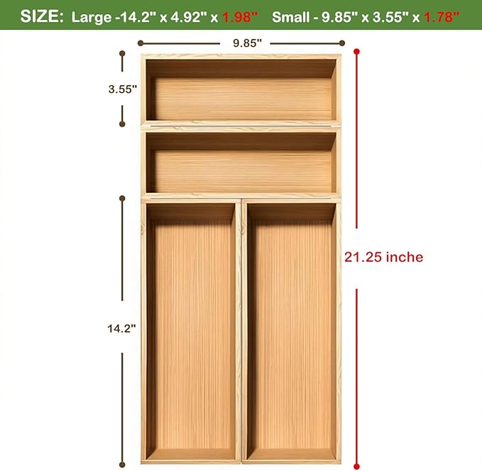 Bamboo Drawer Silverware Organizer, Flatware Organizer, Bamboo Storage Box for Office, Bathroom and other objects storage (large14.2 x5 x2 Small 9.85"x3.55"x1.78"- Set of 4)