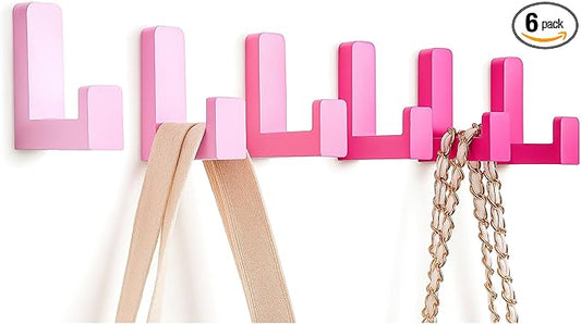 6 Pack Cute Kids Coat Wall Hooks Wooden Adhesive Decorative Colorful Wall Mounted Hangers Backpack Hooks for Hanging Keys Towel Clothes Bathroom Organization(Pink Mixed Color)