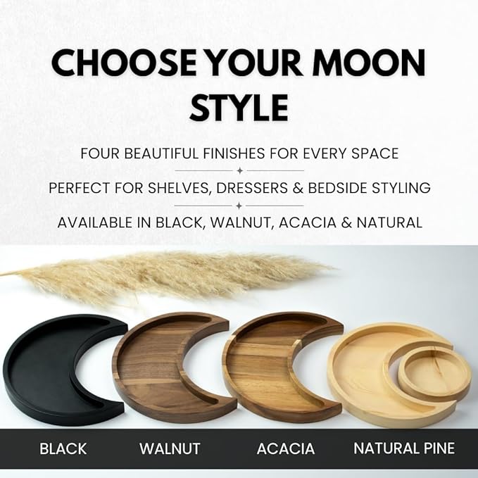 Acacia Wood Moon Crystal Display Tray - Natural Wooden Altar Tray 10.5" x 5" for Crystals and Stones Storage - Solid Wood Jewelry Organizer Dish - Boho Bedroom Decor