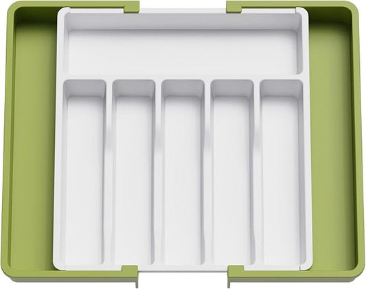 Lifewit Silverware Drawer Organizer, Expandable Utensil Tray for Kitchen, BPA Free Flatware and Cutlery Holder, Adjustable Plastic Storage for Spoons Forks Knives, 13-22 x 15", Green&White