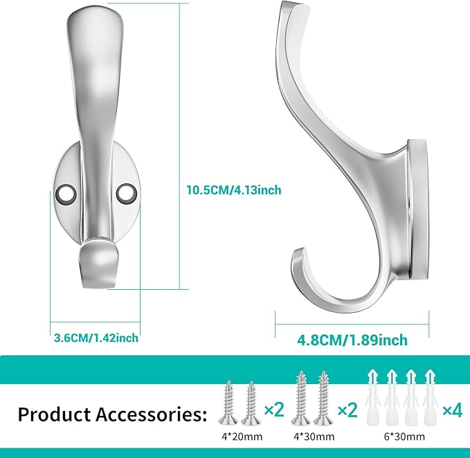 Coat Hooks Heavy Duty - Easy to Install Metal Towel Hooks Fashionable Wall Hooks for Hanging Hat, Towel, Key, Robe, Scarf, Bag, Cap (4 PCS Silver)