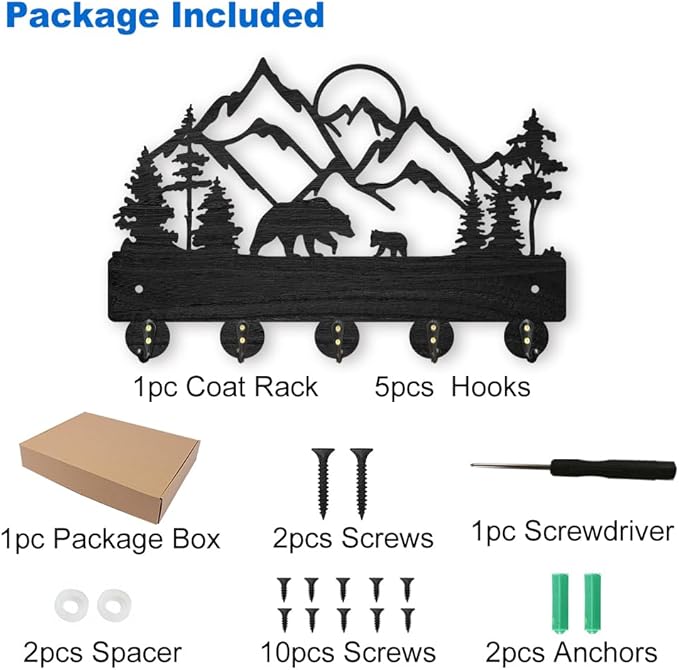 MAYJOYDIY Mountain Forest Key Holder for Wall 11.8×8inch Tree Bear Family Key Organizer Wood Wall Coat Hanger Hooks 5 Alloy Hooks Animal Theme Hooks for Gift Entrance Living Room Office Home Art Decor