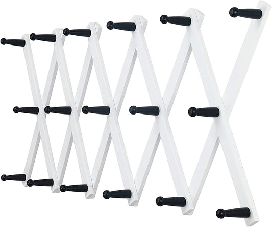 Dseap Accordian Wall Hanger: 16” High Wooden Wall Expandable Coat Rack, Hat Rack Holder, Accordion Hook for Baseball Caps, Coats, Mugs,17 Peg Hooks, White & Black