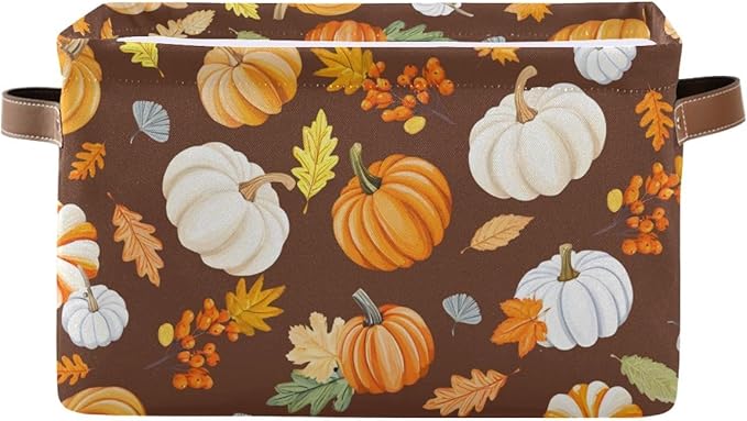 Pumpkin Maple Leaf Pattern Storage Basket,Large Storage Bin Fabric Collapsible Organizer Bag with Handles 15x11x9.5 inch