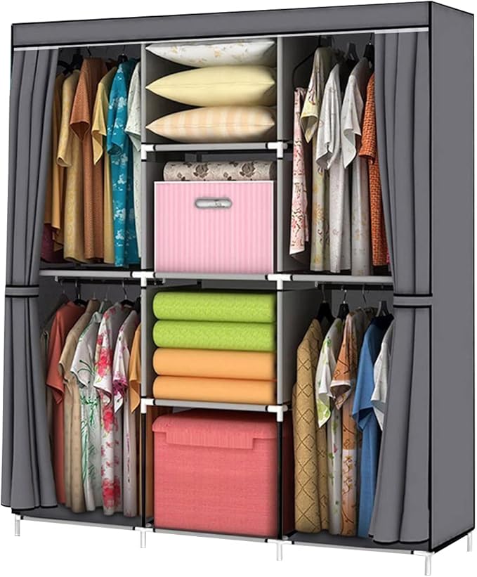 YOUUD Portable Closet 50 Inch Wardrobe for Hanging Clothes with Non-Woven Fabric Cover, 4 Hang Rods and 4 Storage Organizer Shelves, Black, Quick and Easy Assembly