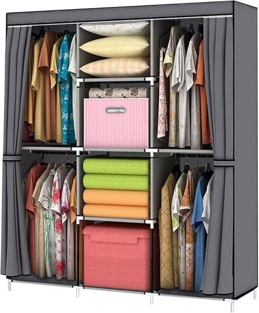YOUUD Portable Closet 50 Inch Wardrobe for Hanging Clothes with Non-Woven Fabric Cover, 4 Hang Rods and 4 Storage Organizer Shelves, Black, Quick and Easy Assembly