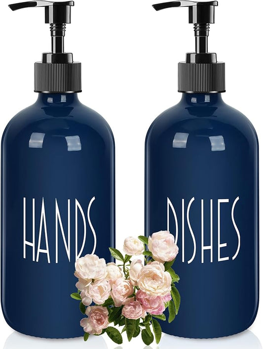 Dish Soap Dispenser for Kitchen - 16 OZ Glass Hand Soap Dispenser Set - Kitchen Bathroom Decor and Accessories (Navy Blue)