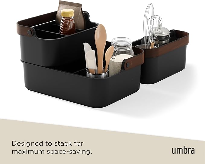Umbra Bellwood Multipurpose Caddy Organizer with Handle, Desk, Makeup, Dorm Caddy, Kitchen Cabinet Organizer, Black/Walnut (Pack of 2)