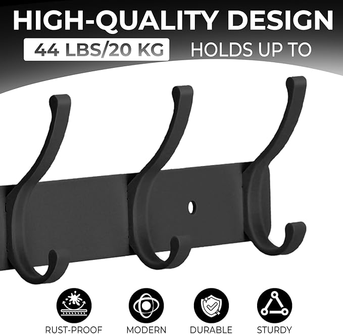 Coat Rack Wall Mount, 2 Pack Coat Hooks Hanger Wall Double Hook Rack Rail Towel Hat Rack Entryway Bathroom Hanger Organizer for Robes, Clothes, Bags, Hat(Black)