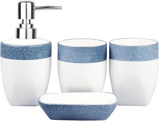 Bathroom Accessories Set of Ceramic soap Dispenser, 2 Toothbrush Cups, soap Dish, Exquisite Snowflake Glaze Technology Bathroom Accessories 4-Piece Set (Blue)
