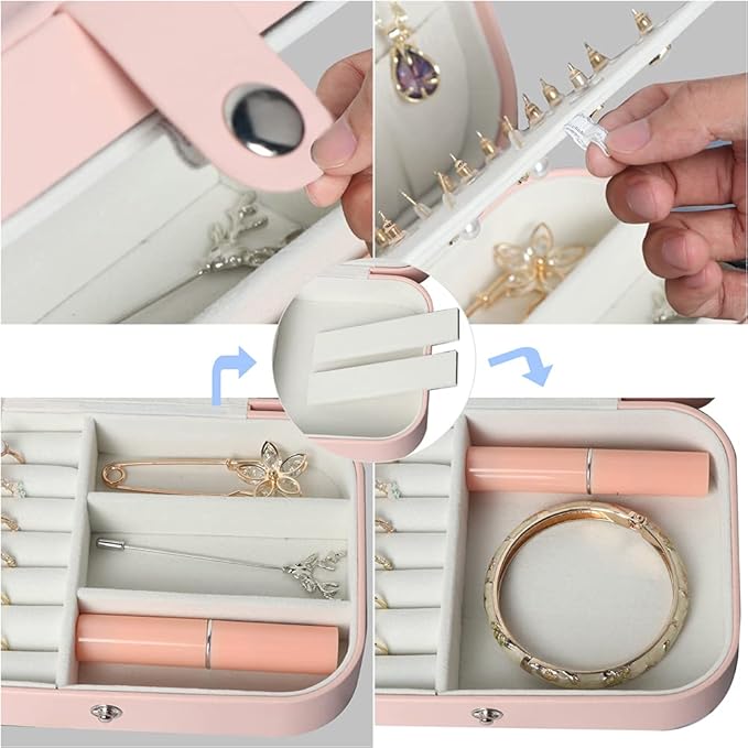 Travel Jewelry Box, Small Jewelry Organizer Boxes for Women Girls, 2 Layer Travel Jewlery Case, PU Leather Mini Portable Jewerly Storage Display Holder for Earrings, Ring, Necklaces, Bracelets - Pink