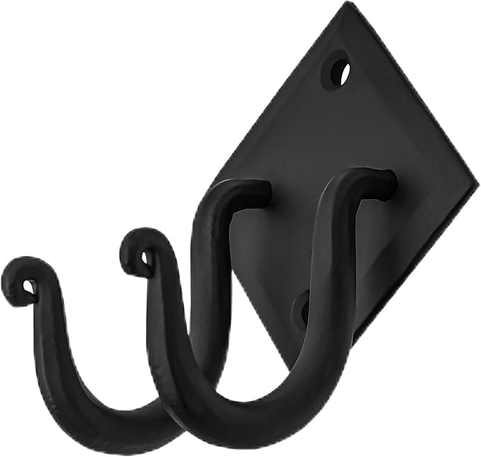 Mystic Colonial Rustic Hand Forged Iron Wall Hook with Two Hangers: Ideal for Victorian, Colonial, Retro, Steampunk, Gothic, and Baroque Settings 8.8 cm Black Pack of 1