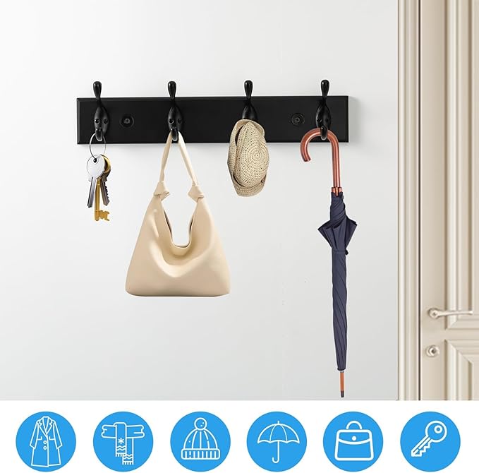 HOME MASTER HARDWARE Coat Rack Wall Mount Black, MDF Wall Mounted Coat Hooks for Hanging Coats, 16" Hat Rack for Wall with 4 Hooks