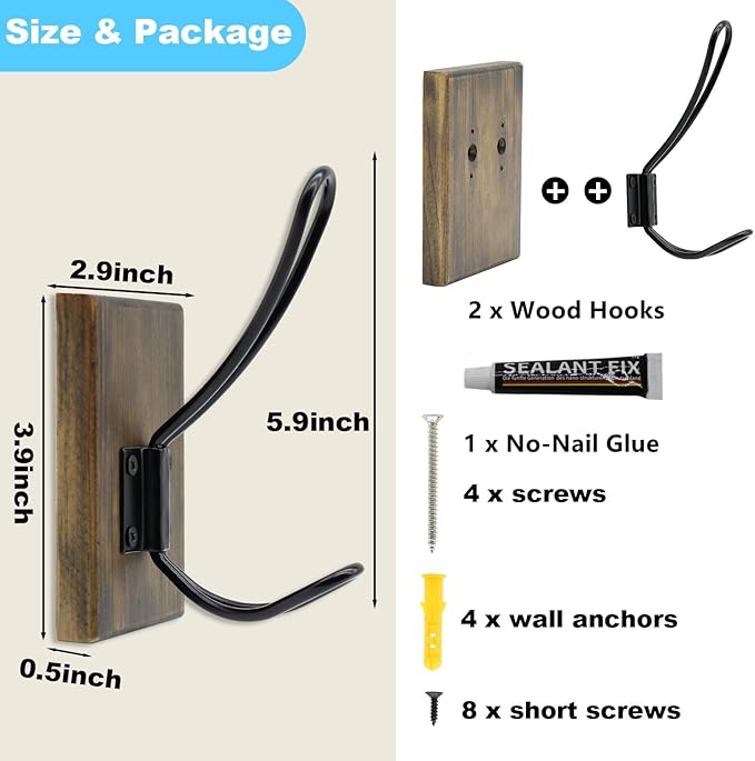 Wall Hooks for Hanging,Coat Hooks,Hat Hangers for Wall,2 Pack Adhesive Towel Hooks for Bathroom,Wood Coat Rack for Robe Keys Backpack Purse(Weathered Brown)