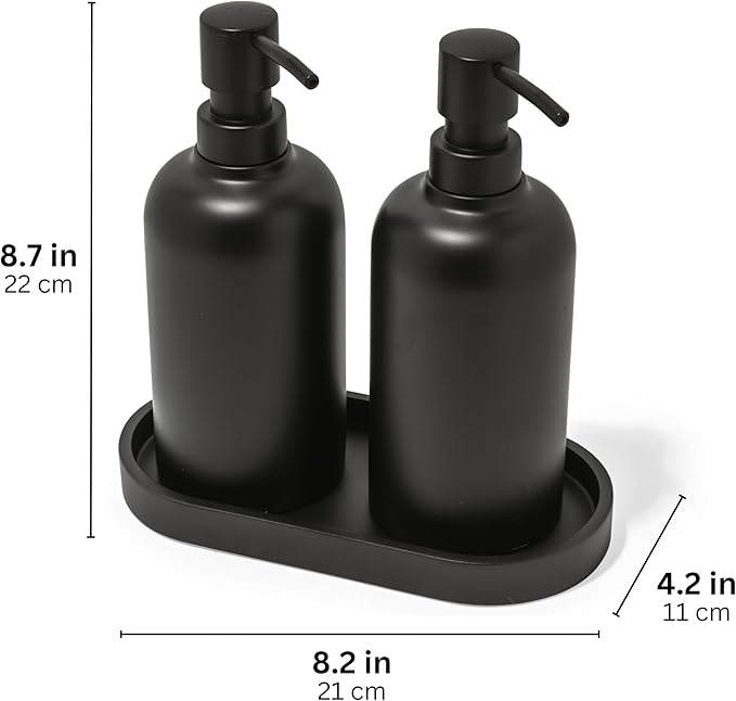 Matte Black Round Soap Dispenser Set with Tray for Kitchen, Countertop & Bathroom – 2 Pack 15 oz Refillable Resin Pump Bottle for Dish Soap, Hand Soap, Shampoo, Conditioner – Non-Slip Protective Pads