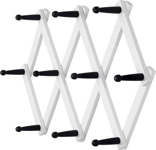Dseap Accordian Wall Hanger: 16” High Wooden Wall Expandable Coat Rack, Hat Rack Holder, Accordion Hook for Baseball Caps, Coats, Mugs, 10 Peg Hooks, White & Black