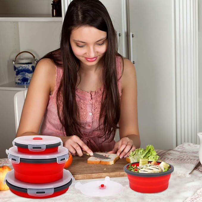 Guyuyii 4-Pack Silicone Collapsible Bowls with Lids - Round Nesting Food Storage Containers for Camping, RV & Office Lunch - Microwave Freezer Dishwasher Safe Foldable Set for Cereal, Soup & Leftovers