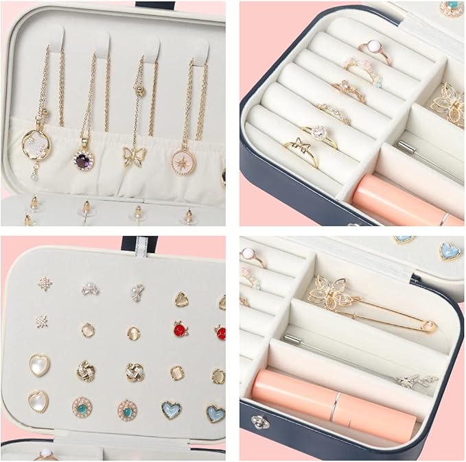 Travel Jewelry Box, Small Jewelry Organizer Boxes for Women Girls, 2 Layer Travel Jewlery Case, PU Leather Mini Portable Jewerly Storage Display Holder for Earrings, Ring, Necklaces, Bracelets - Blue