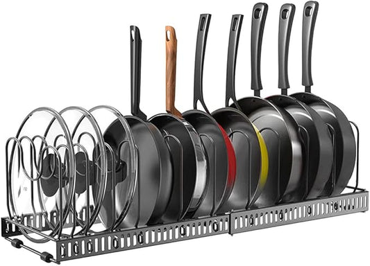 Expandable Pots & Pans Organizer, Pan Rack for Kitchen Countertop & Cabinet, 12 Adjustable Dividers, Pot Lid Organizer, Cutting Board Holder