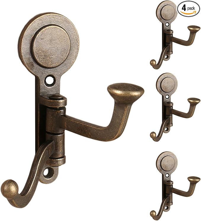 4PCS Rustic Swivle Hook, Zinc Alloy Swivel Coat Hook Wall Mounted Coat Hook Decorative Cast Iron Heavy Duty Double Hooks Vintage Robe Rv Bathroom Kitchen Garage Hooks (Double Hook)